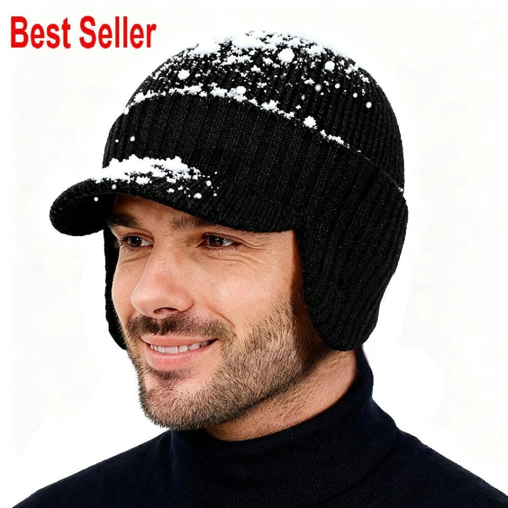 Merino Wool Winter Beanie with Ear Flaps Waterproof Fleece Lined Brim Hat